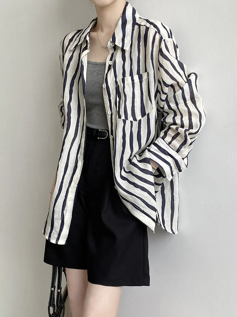 [Korean Style] 2 Colors Linen Striped Long-Sleeve Shirt