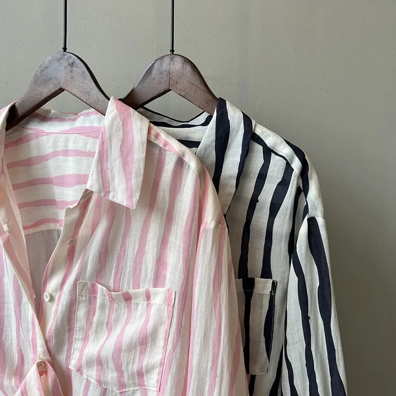 [Korean Style] 2 Colors Linen Striped Long-Sleeve Shirt