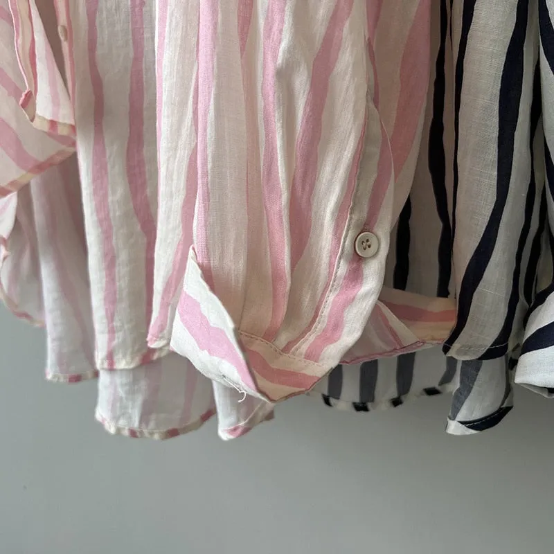 [Korean Style] 2 Colors Linen Striped Long-Sleeve Shirt