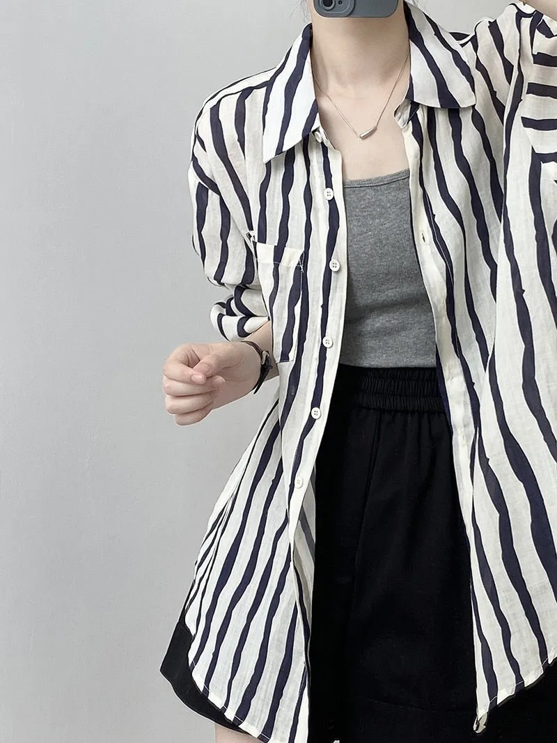 [Korean Style] 2 Colors Linen Striped Long-Sleeve Shirt