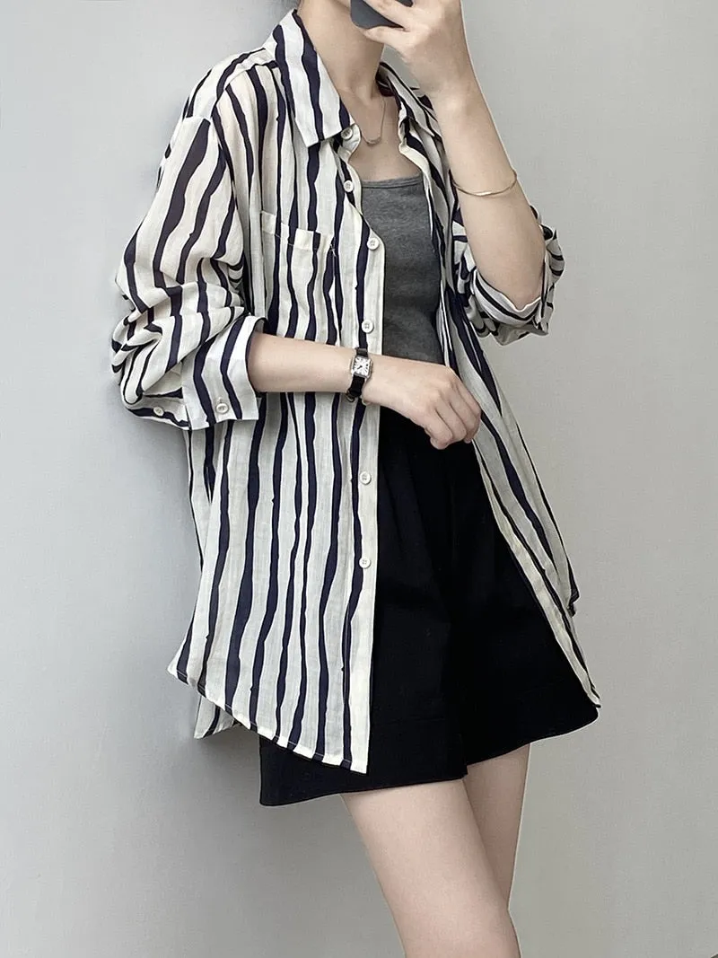 [Korean Style] 2 Colors Linen Striped Long-Sleeve Shirt