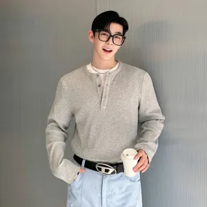 Korean Style Men's T-Shirt Summer Half Open Henry Collar Three-button Top Chic Tees Male Clothing Simple 9C5849