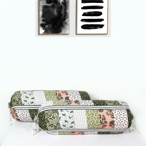 Kuber Industries Bolster Covers | Soft Cotton Bolster Cover Set | Diwan Round Bolster Pillow Covers | Flower-Check Print Roll Masand Cover | 16x32 Inch | Pack of 2 | Green