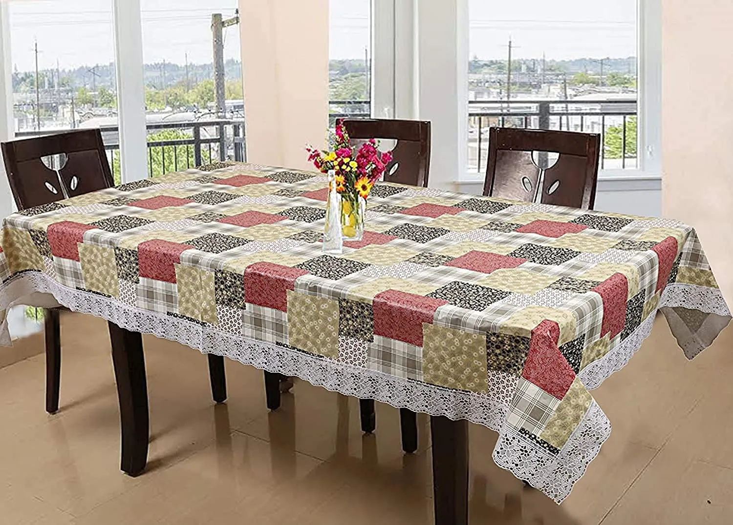 Kuber Industries Flower Design 6 Seater Dining Table Cover|WaterProof & Heat Resistant (Brown),Polyvinyl Chloride (PVC),Rectangular,Pack of 1