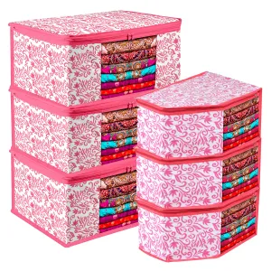 Kuber Industries Saree Cover & Blouse Cover Set | Saree & Blouse Organizer Combo Set | 3 Pieces Blouse & 3 Pieces Saree Cover Set | Zipper Closure | Leaf-Design | Set of 6 | Pink