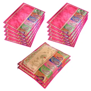Kuber Industries Saree Cover | Clothes Storage Bag | Single Packing Saree with Zip Closure | Wardrobe Organizer | Cloth Stoarge Organizer | Carry Half Lace Transparent | Pack of 12 | Pink