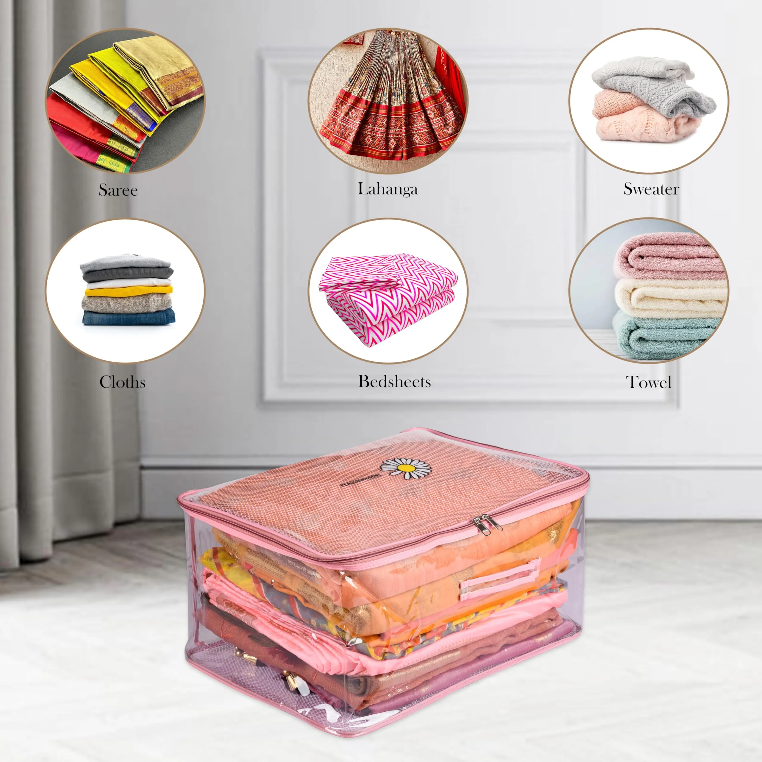 Kuber Industries Saree Cover | Clothes Storage Bag | Storage Organizer Bag | Zip Closure Saree Cover | Transparent Wardrobe Organizer | Embroidery Pearls-Design | 6 Inch | Pack of 2 | Pink