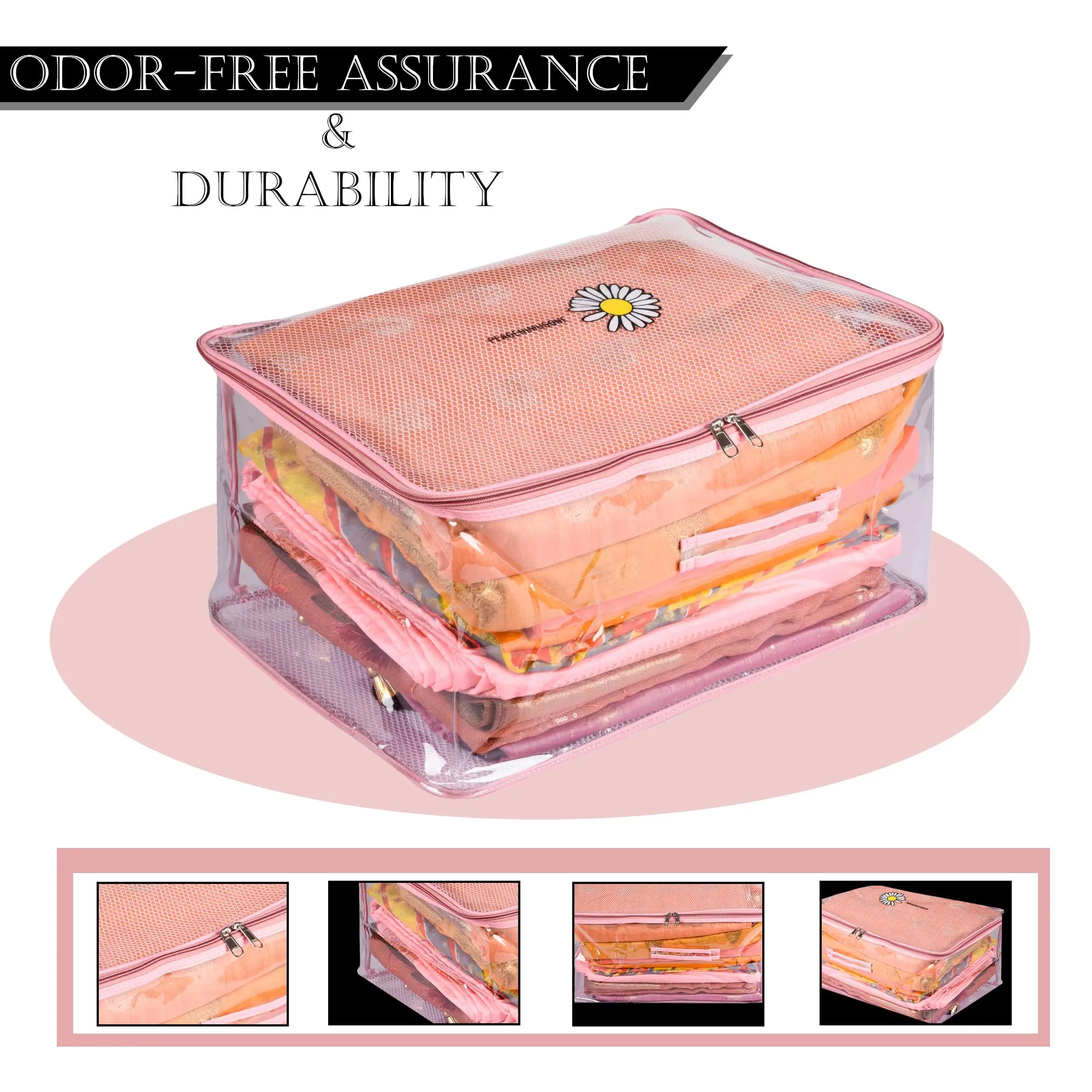 Kuber Industries Saree Cover | Clothes Storage Bag | Storage Organizer Bag | Zip Closure Saree Cover | Transparent Wardrobe Organizer | Embroidery Pearls-Design | 6 Inch | Pack of 2 | Pink