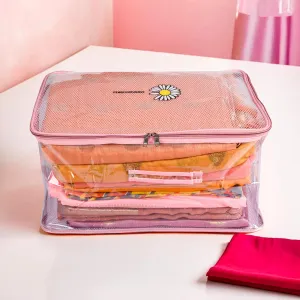 Kuber Industries Saree Cover | Clothes Storage Bag | Storage Organizer Bag | Zip Closure Saree Cover | Transparent Wardrobe Organizer | Embroidery Pearls-Design | 6 Inch | Pack of 2 | Pink
