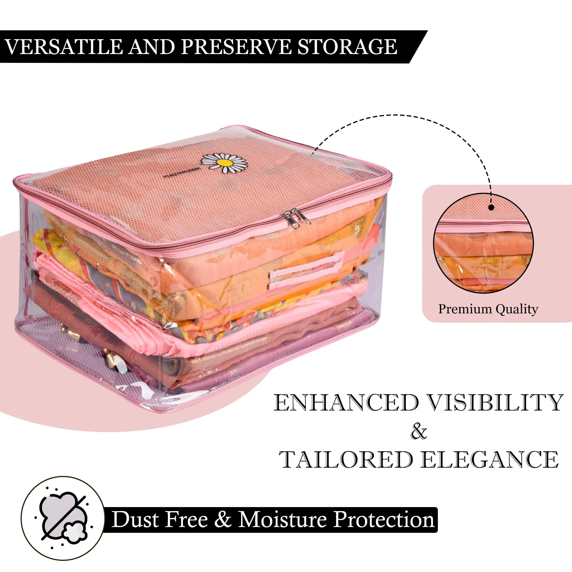 Kuber Industries Saree Cover | Clothes Storage Bag | Storage Organizer Bag | Zip Closure Saree Cover | Transparent Wardrobe Organizer | Embroidery Pearls-Design | 6 Inch | Pack of 2 | Pink