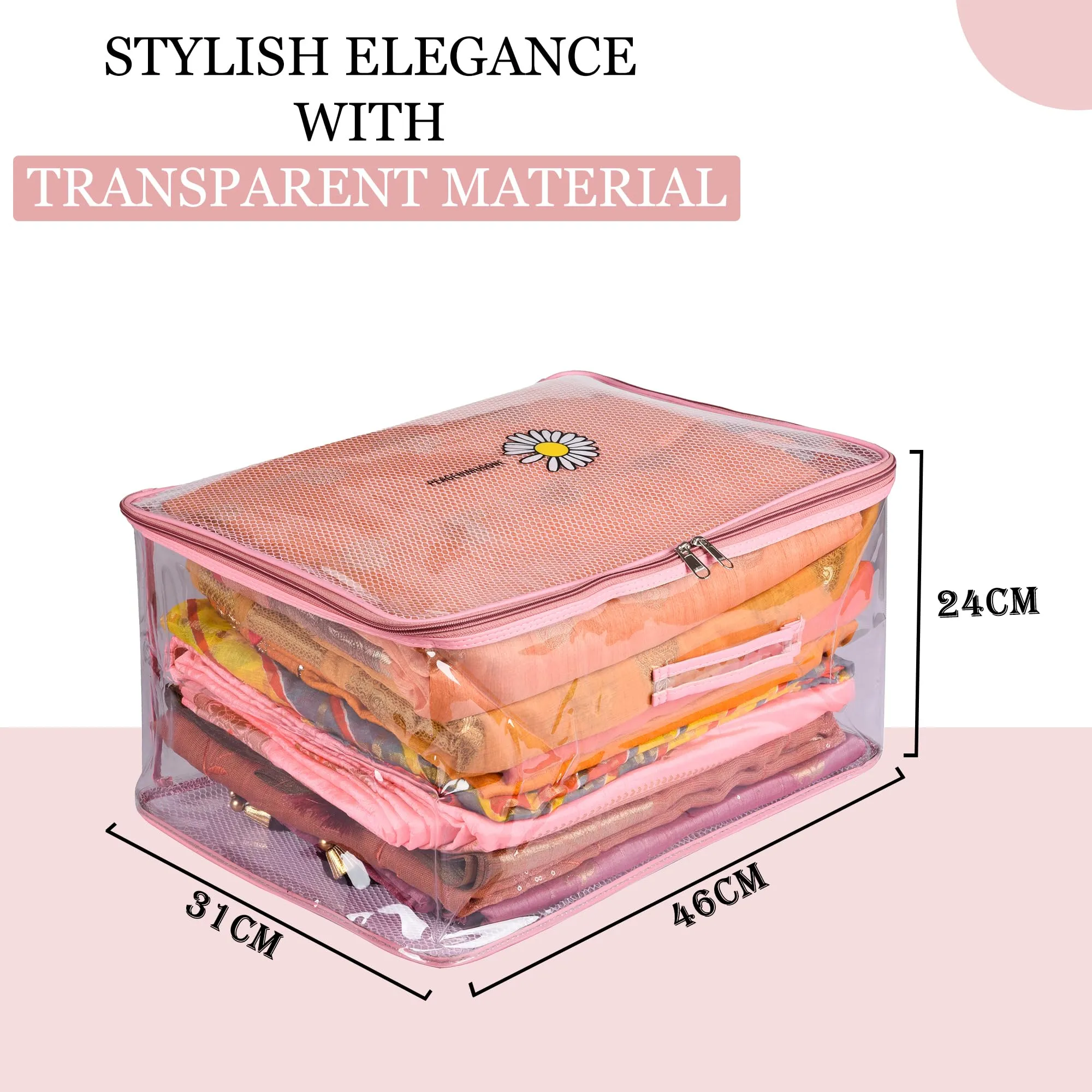 Kuber Industries Saree Cover | Clothes Storage Bag | Storage Organizer Bag | Zip Closure Saree Cover | Transparent Wardrobe Organizer | Embroidery Pearls-Design | 6 Inch | Pack of 2 | Pink