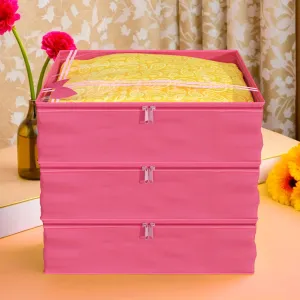Kuber Industries Saree Cover | Clothes Storage Bag | Storage Organizer Bag | Zip Closure Saree Cover | Wardrobe Organizer | Bow-Design | 6 Inch | Pack of 3 | Pink