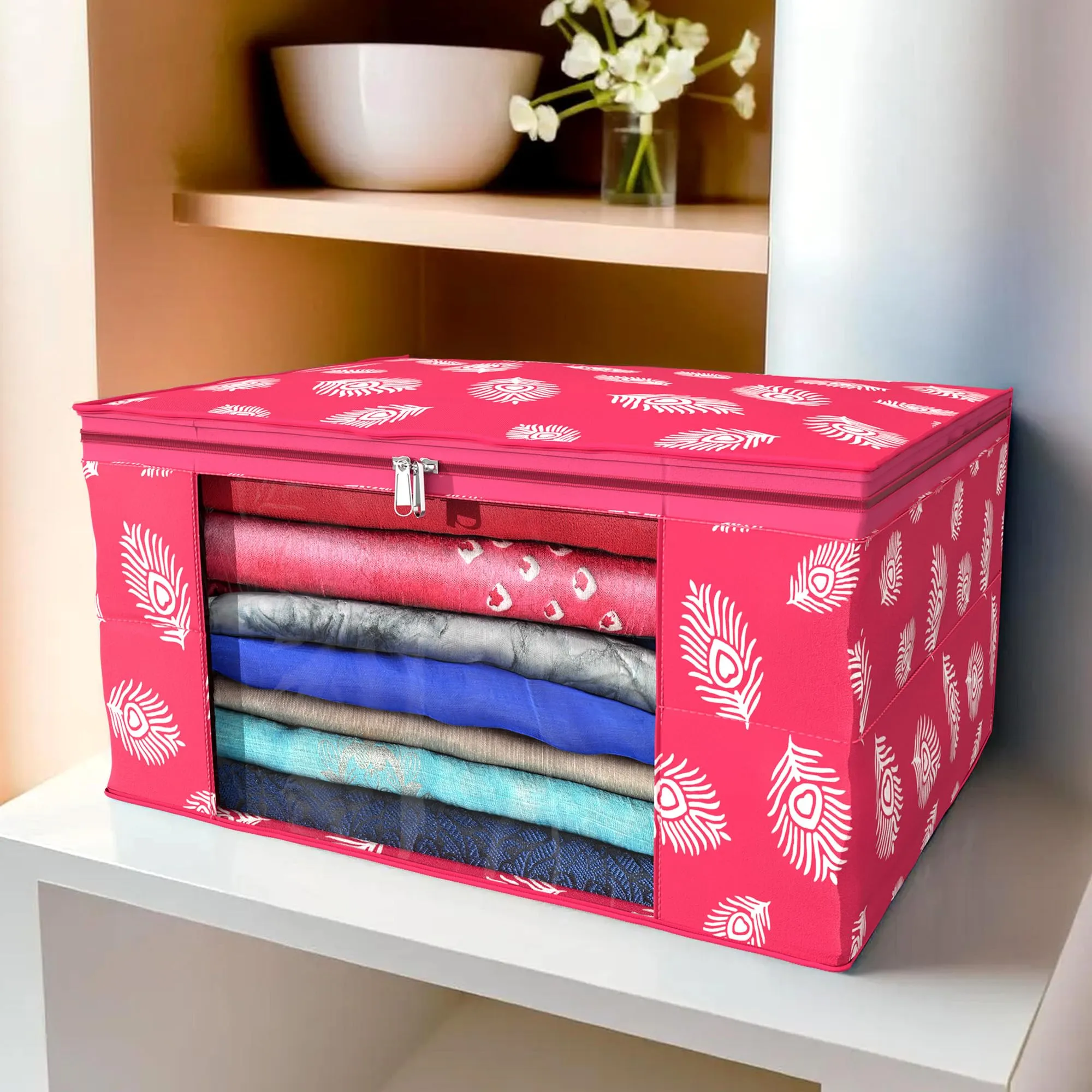 Kuber Industries Saree Cover | Clothes Storage Bag | Storage Organizer Bag | Zip Closure Saree Cover | Wardrobe Organizer | Peacock Feather-Design | 6 Inch | Pack of 2 | Pink