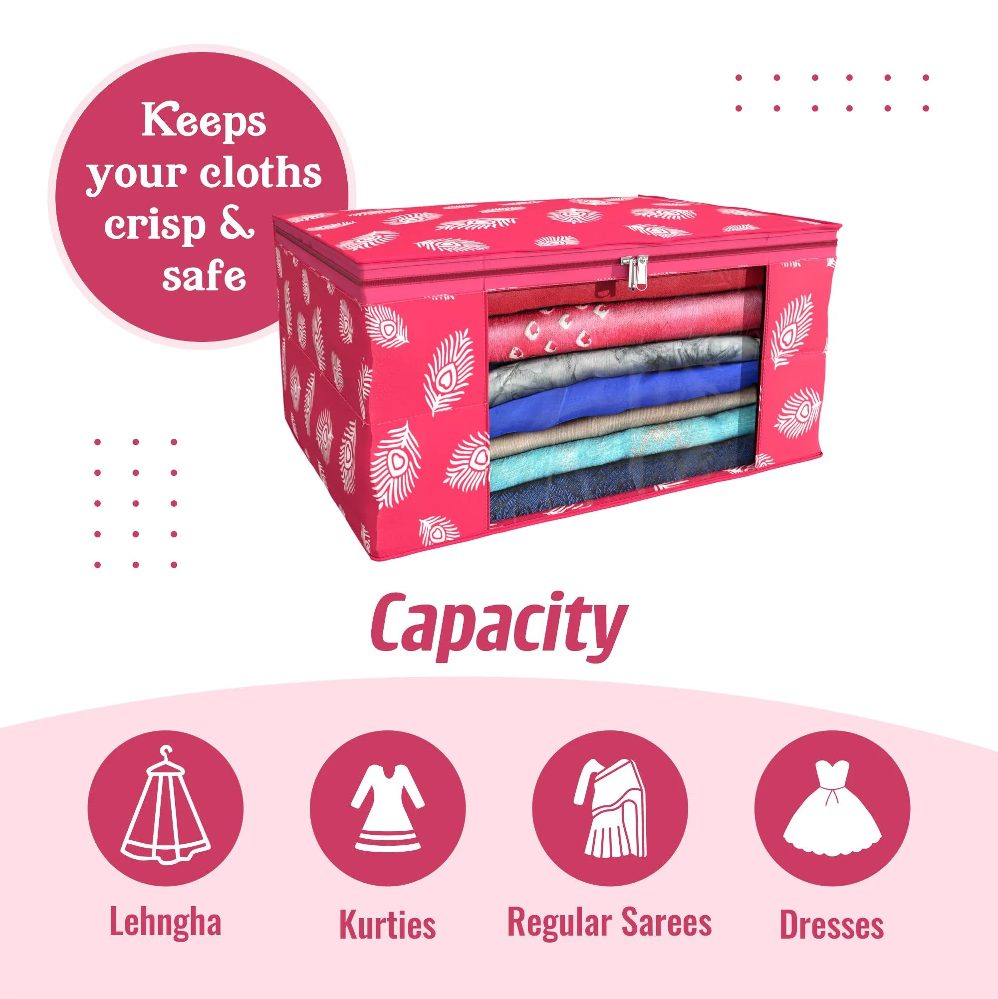 Kuber Industries Saree Cover | Clothes Storage Bag | Storage Organizer Bag | Zip Closure Saree Cover | Wardrobe Organizer | Peacock Feather-Design | 6 Inch | Pack of 2 | Pink