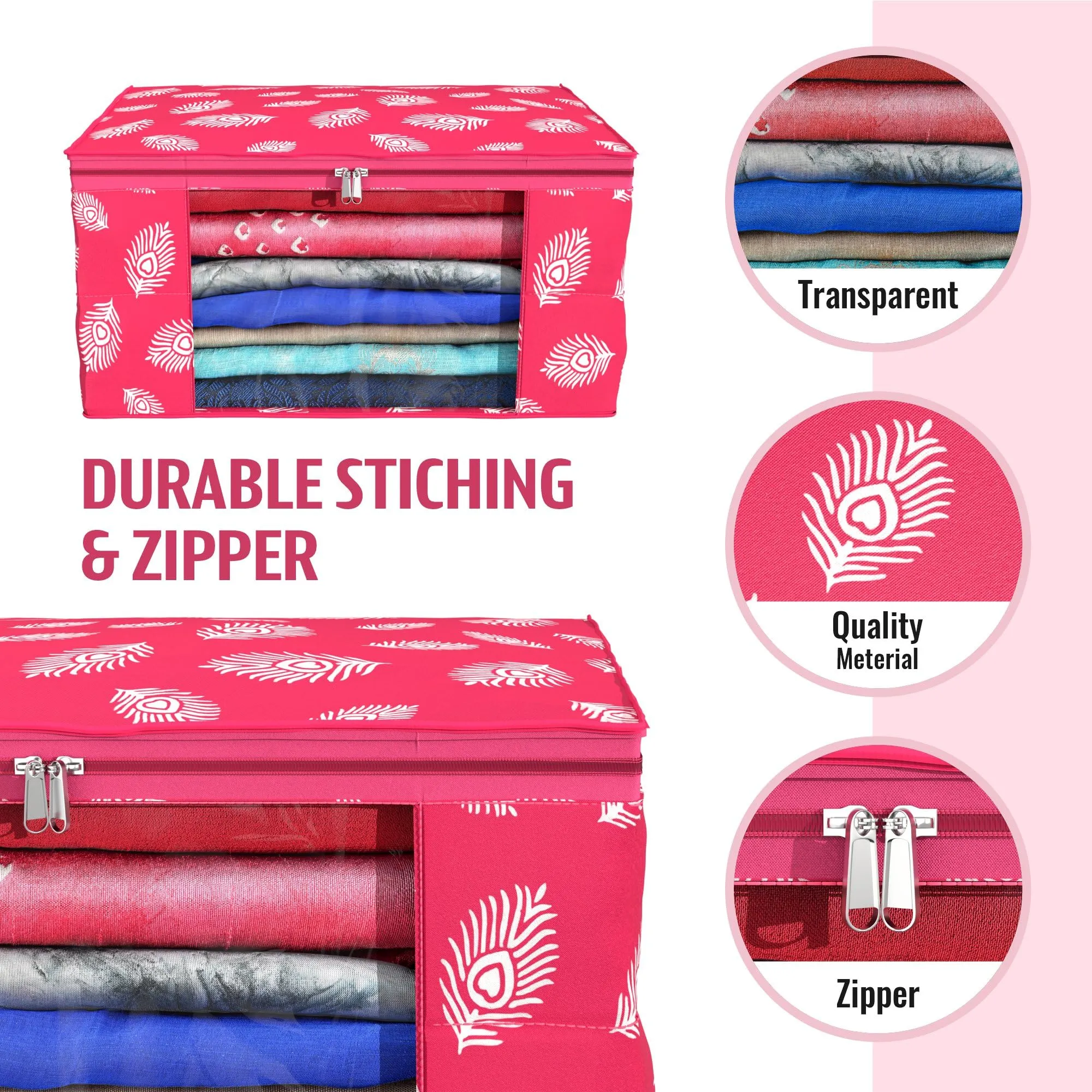 Kuber Industries Saree Cover | Clothes Storage Bag | Storage Organizer Bag | Zip Closure Saree Cover | Wardrobe Organizer | Peacock Feather-Design | 6 Inch | Pack of 2 | Pink