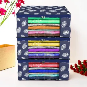 Kuber Industries Saree Cover | Clothes Storage Bag | Storage Organizer Bag | Zip Closure Saree Cover | Wardrobe Organizer | Peacock Feather-Design | 6 Inch | Pack of 3 | Navy Blue