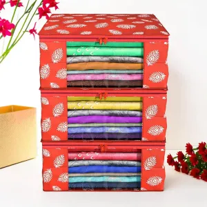 Kuber Industries Saree Cover | Clothes Storage Bag | Storage Organizer Bag | Zip Closure Saree Cover | Wardrobe Organizer | Peacock Feather-Design | 6 Inch | Pack of 3 | Red
