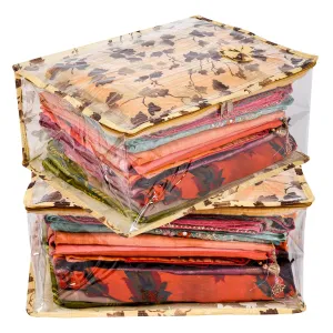 Kuber Industries Saree Cover | Zip Closure Saree Cover | Clothes Storage Bag | Wardrobe Organiser for Suit | Side Transparent Saree Cover | Bow-Leaf-Design | 9 inch | Pack of 2 | Golden