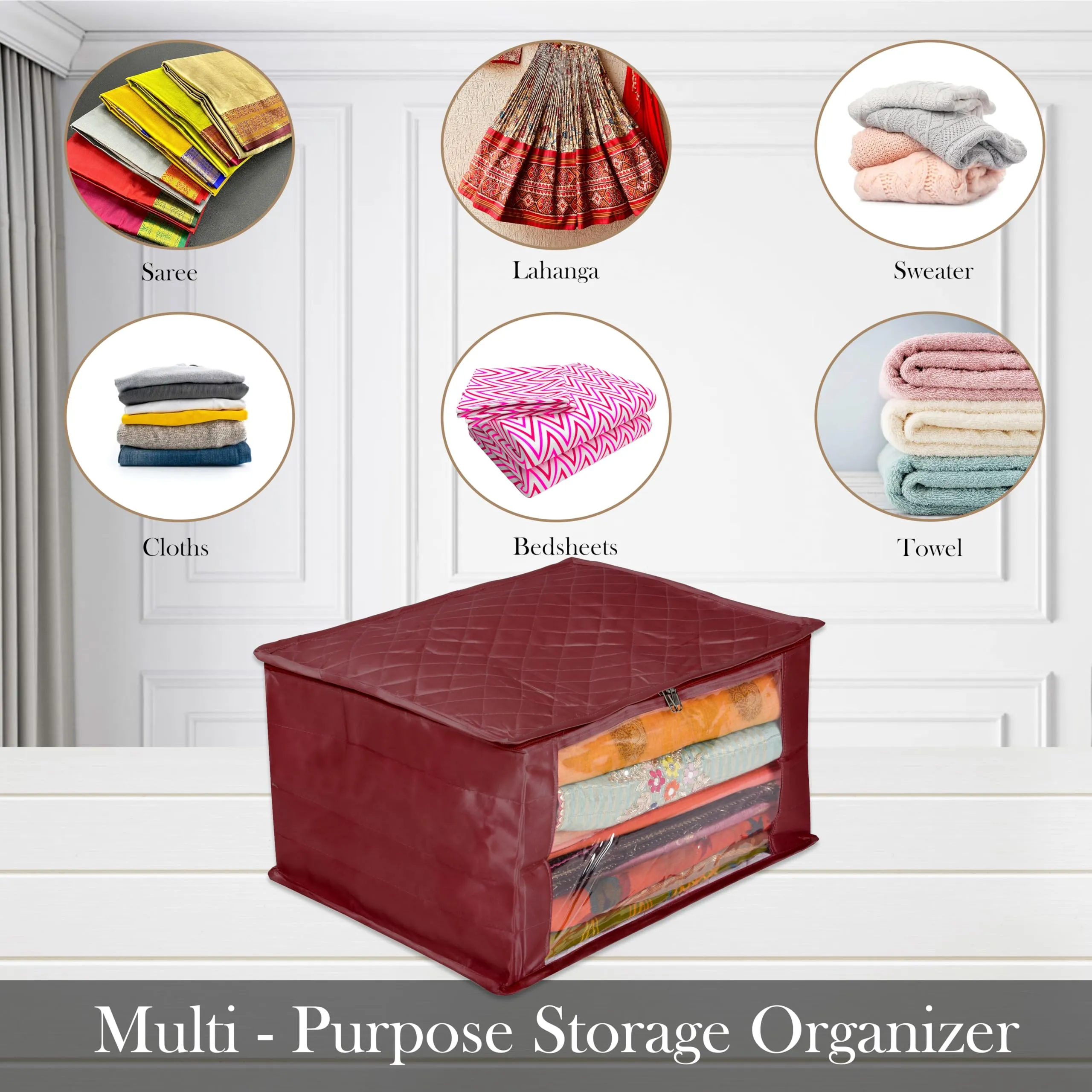 Kuber Industries Saree Cover | Zip Closure Saree Cover | Clothes Storage Bag | Wardrobe Organiser for Suit | Transparent Window Saree Cover | 9 inch | Maroon