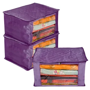 Kuber Industries Saree Cover | Zip Closure Saree Cover | Clothes Storage Bag | Wardrobe Organiser for Suit | Transparent Window Saree Cover | 9 inch | Pack of 3 | Purple