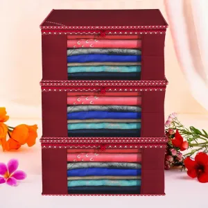 Kuber Industries Saree Cover | Zip Closure Saree Cover | Clothes Storage Bag | Wardrobe Organiser for Suit | Transparent Window Saree Cover | Dot Border-Design | 9 inch | Pack of 3 | Maroon