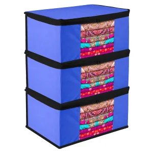 Kuber Industries Saree Cover | Zip Closure Saree Cover | Clothes Storage Bag | Wardrobe Organiser for Suit | Transparent Window Saree Cover | Plain-Black Border | 9 inch | Pack of 3 | Blue