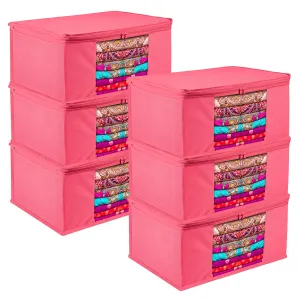 Kuber Industries Saree Cover | Zip Closure Saree Cover | Clothes Storage Bag | Wardrobe Organiser for Suit | Transparent Window Saree Cover | Plain Saree Cover | 9 inch | Pack of 6 | Pink