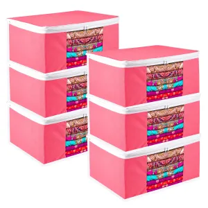Kuber Industries Saree Cover | Zip Closure Saree Cover | Clothes Storage Bag | Wardrobe Organiser for Suit | Transparent Window Saree Cover | Plain-White Border | 9 inch | Pack of 6 | Pink