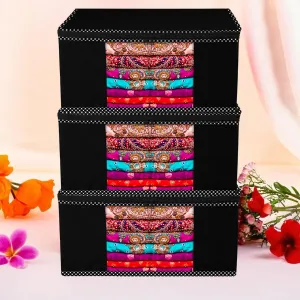 Kuber Industries Saree Cover | Zip Closure Saree Cover | Clothes Storage Bag | Wardrobe Organiser | Transparent Window Saree Cover | Bow-Lahariya-Design | 9 inch | Pack of 3 | Blue