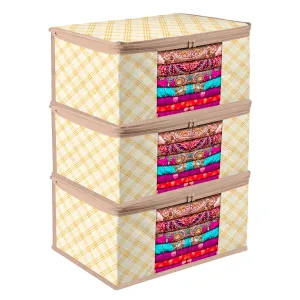 Kuber Industries Saree Cover | Zip Closure Saree Cover | Clothes Storage Bag | Wardrobe Organiser | Transparent Window Saree Cover | Check-Design | 9 inch | Pack of 3 | Cream