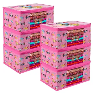 Kuber Industries Saree Cover | Zip Closure Saree Cover | Clothes Storage Bag | Wardrobe Organiser | Transparent Window Saree Cover | Disney Princess-Print | 9 inch | Pack of 6 | Pink