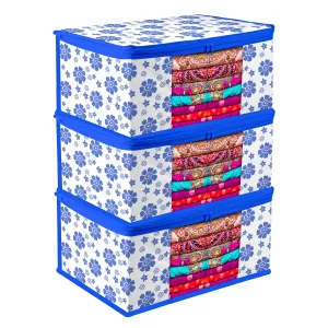 Kuber Industries Saree Cover | Zip Closure Saree Cover | Clothes Storage Bag | Wardrobe Organiser | Transparent Window Saree Cover | Flower-Design | 9 inch | Pack of 3 | Blue