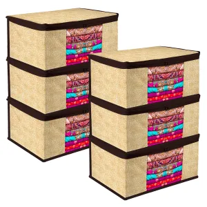 Kuber Industries Saree Cover | Zip Closure Saree Cover | Clothes Storage Bag | Wardrobe Organiser | Transparent Window Saree Cover | Flower-Design | 9 inch | Pack of 6 | Coffee