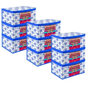 Kuber Industries Saree Cover | Zip Closure Saree Cover | Clothes Storage Bag | Wardrobe Organiser | Transparent Window Saree Cover | Flower-Design | 9 inch | Pack of 9 | Blue