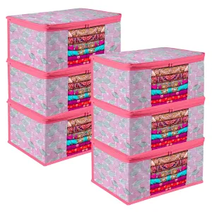 Kuber Industries Saree Cover | Zip Closure Saree Cover | Clothes Storage Bag | Wardrobe Organiser | Transparent Window Saree Cover | Flower Patta-Design | 9 inch | Pack of 6 | Pink