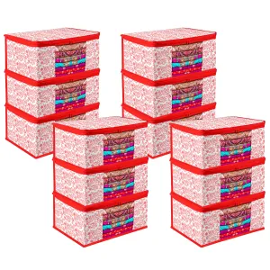 Kuber Industries Saree Cover | Zip Closure Saree Cover | Clothes Storage Bag | Wardrobe Organiser | Transparent Window Saree Cover | Leaf-Design | 9 inch | Pack of 12 | Red