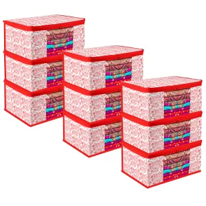 Kuber Industries Saree Cover | Zip Closure Saree Cover | Clothes Storage Bag | Wardrobe Organiser | Transparent Window Saree Cover | Leaf-Design | 9 inch | Pack of 9 | Red