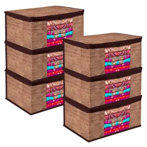 Kuber Industries Saree Cover | Zip Closure Saree Cover | Clothes Storage Bag | Wardrobe Organiser | Transparent Window Saree Cover | Wodden Texture-Design | 9 inch | Pack of 6 | Brown