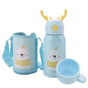 Kuber Industries Sipper Water Bottle for Kids|Vacuum Insulated Stainless Steel Flask with Straw I Cup&Holder Bag|Double Walled Flask I I Teddy Design| 500 Ml,500 milliliter