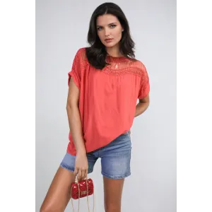 Lace Insert Round Neck Hollow Top