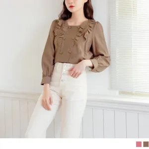 LACE PATCHED FAKE BUTOTNS PUFF SLEEVE TOPS