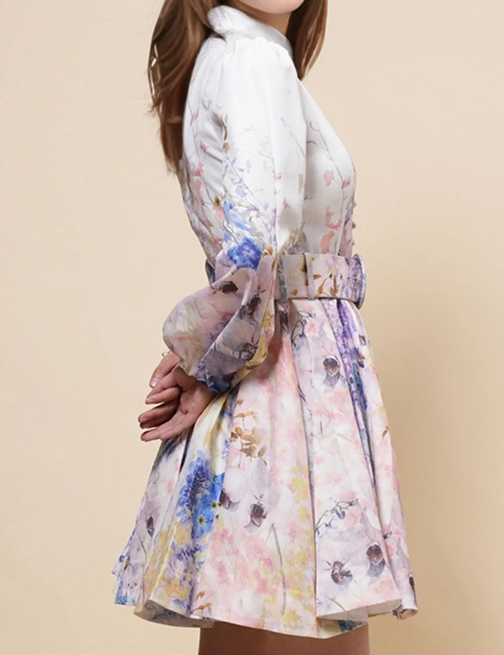 Ladies Elegant Floral Print Waist Belt Mini Dress SKD4966