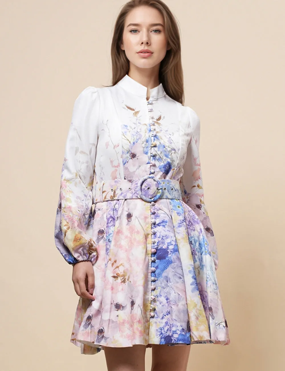 Ladies Elegant Floral Print Waist Belt Mini Dress SKD4966