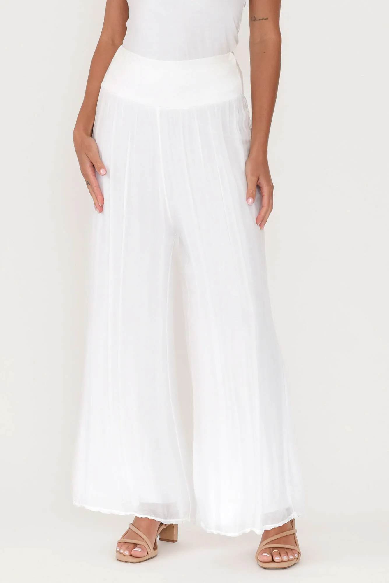 Laurier White Silk Wide Leg Pants