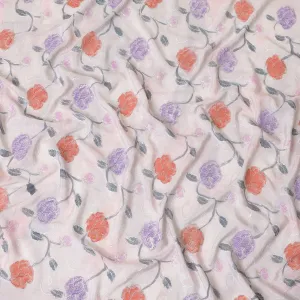 Lavender grey pure silk crepe fabric with same tone, brick red and grey print having multicolor embroidery in floral design-D8145