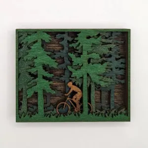 Layered Biker in Woods Art Magnet 5" Bicycle Mountain Bike