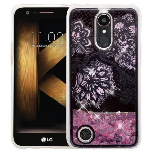 LG Aristo 2 Plus Case, Aristo 2, LG Tribute Dynasty, Rebel 3, Zone 4, Luxury Bling Liquid Glitter Case, Sparkle Quicksand Cover - Pink Flowers Pink