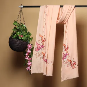 Light Peach Pink Pure Pashmina Shawls Online,  hand embroidery, bird design