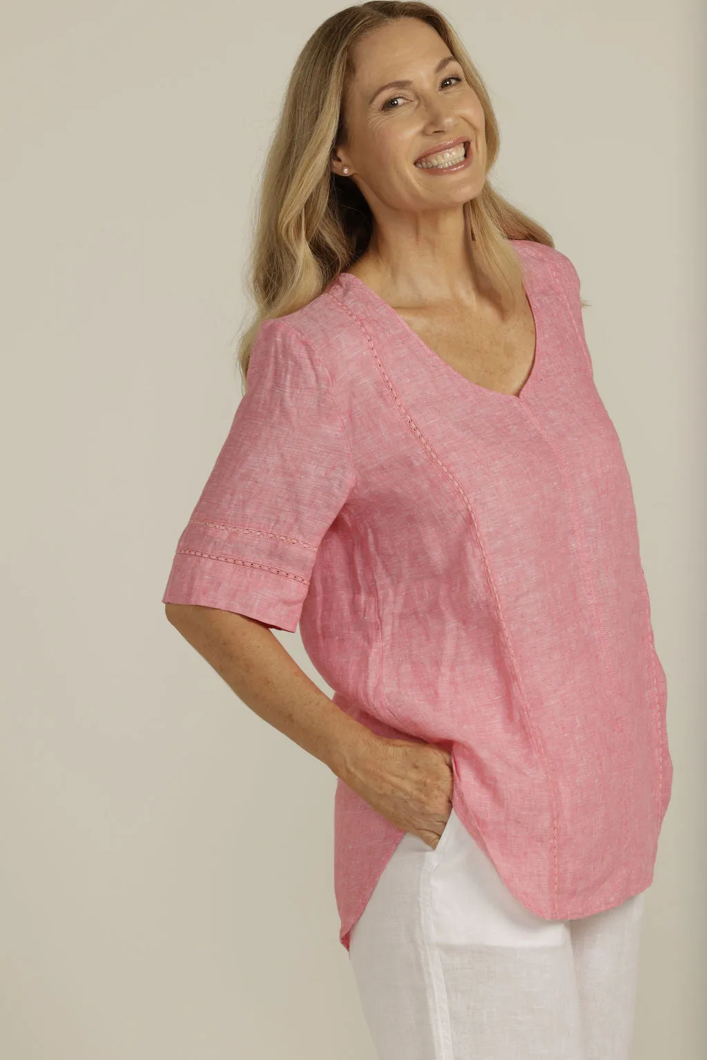 Linen Lace Trim Insert Top Watermelon