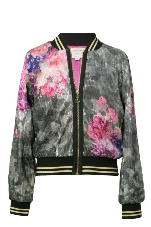 Little Girl's Sequin Floral Camo Print Bomber Jacket
